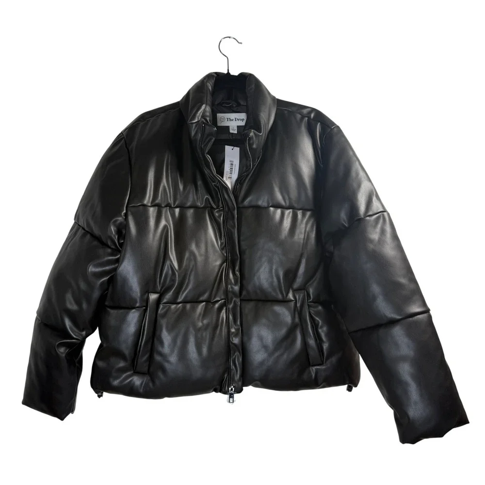 NWT The Drop Womens Black Vegan Leather Puffer Jacket Size XS Cropped Zip Up - Picture 1 of 6